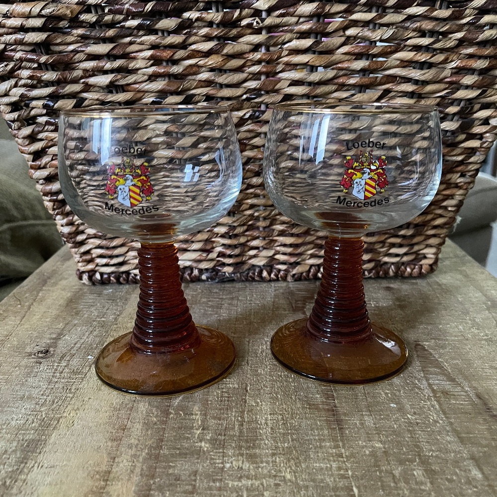 2 Vintage German Wiesbaden Loeber Mercedes Amber Beehive Footed Wine Glasses